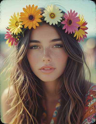 A woman with long brown hair is wearing a flower crown made up of yellow and pink daisies on her head. She has green eyes and is looking directly at the camera. The background appears to be an outdoor setting, possibly a park or garden, as there are trees visible in the image.