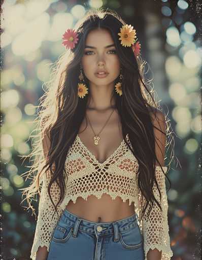 In this captivating photograph, a young woman with long, dark brown hair adorned with yellow and pink flowers stands in a sunlit forest. Her hair cascades down to her waist, framing her face and shoulders. She is dressed in a white, crocheted top that reveals her midriff and features long sleeves that extend to her wrists. The top is paired with blue jeans, which are visible from the waist up. Her makeup is subtle yet striking, with a touch of pink on her lips and a hint of blush on her cheeks. She wears a delicate gold necklace with a pendant that rests just above her chest. The background is a blurred mix of green foliage and sunlight, creating a bokeh effect that highlights her figure. The overall scene exudes a serene and enchanting atmosphere, with the sunlight filtering through the trees and casting a warm glow on her.