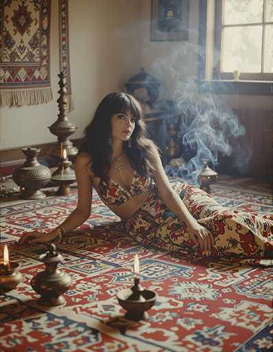 In this captivating photograph, a woman is elegantly posed on a floor adorned with a large, intricately designed rug. The rug features a striking pattern of red, white, and blue, with a central blue square surrounded by a red border, and further encircled by a white border. The woman is dressed in a vibrant, multicolored skirt that complements the rug's hues, and a matching bra top that reveals her midriff. She accessorizes with a gold necklace and bracelets on both wrists, adding a touch of glamour to her ensemble. Her long, dark brown hair cascades down, framing her face as she gazes directly at the camera. 

In the background, a window with a dark brown frame allows natural light to filter into the room, illuminating the scene. To the left of the window, a small shelf holds a white cup, adding a subtle touch of domesticity. The wall behind the window is painted a light brown, providing a warm backdrop. A dark brown baseboard runs along the bottom of the wall, adding a grounding element to the space. The overall composition of the photograph is both elegant and inviting, capturing a moment of serene beauty.
