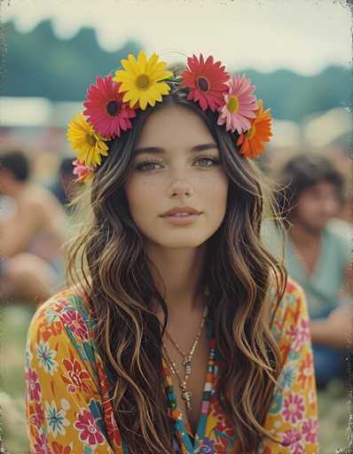 The image captures a young woman, likely in her early 20s, with long, wavy brown hair adorned with a vibrant flower crown. The crown features an array of colorful flowers, including yellow daisies, pink, orange, and red blooms. She has striking green eyes, light brown freckles across her nose and cheeks, and is wearing a gold necklace with a cross pendant. Her attire is a bright yellow shirt decorated with pink, red, and blue floral patterns, and the shirt is open at the front, revealing a hint of cleavage. The woman is seated in a grassy field, with a blurred background that suggests the presence of other people, possibly at a festival. The overall scene is bathed in natural light, highlighting the vivid colors of her attire and the flowers in her crown.