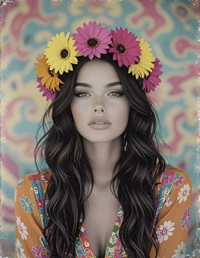 This image features a stunning, AI-generated portrait of a young woman with long, wavy black hair adorned with a vibrant floral headband. The headband is composed of alternating yellow and pink flowers, with a few orange blooms interspersed. The woman's expressive brown eyes are framed by thick black eyebrows, and her lips are slightly parted, revealing her top teeth. She is wearing a low-cut, orange dress decorated with a colorful floral pattern, which complements the headband. The background is a blurred, psychedelic mix of blue, pink, and yellow hues, adding to the dreamlike quality of the portrait. The image has a slightly aged appearance, with visible signs of wear around the edges, enhancing its vintage aesthetic.