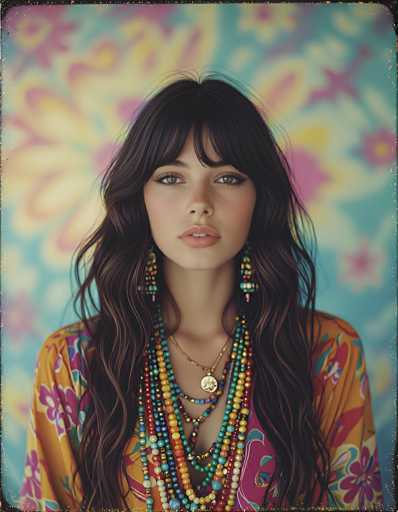 This image features a young woman, likely in her late teens or early twenties, with long, dark brown hair that cascades down to her chest. She has striking green eyes and a light complexion, complemented by a sprinkling of freckles across her nose and cheeks. Her lips are adorned with a subtle pink lipstick, and she wears a hint of eyeliner that accentuates her eyes. She is dressed in a vibrant orange shirt adorned with pink and blue floral patterns, and around her neck, she sports an array of colorful beaded necklaces, including turquoise, yellow, red, and blue beads. Her long, dangling earrings feature a mix of turquoise, yellow, and red beads. The background is a soft, out-of-focus blue with large, blurred flowers in shades of pink, yellow, and white, adding a dreamy quality to the portrait.
