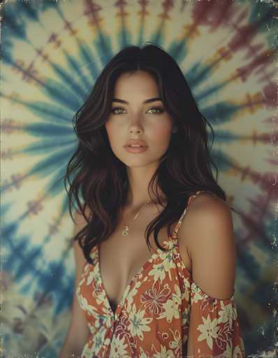 The image features a young woman with long, dark brown hair that cascades past her shoulders. She has striking green eyes and a light complexion, complemented by a sprinkling of freckles across her nose and cheeks. Her lips are adorned with a subtle shade of lipstick, and she wears a delicate gold necklace with a small pendant. The woman is dressed in a vibrant orange dress adorned with white and red floral patterns, which has a single shoulder strap on her left side while her right shoulder remains bare. The dress is low-cut, revealing a hint of cleavage. She stands against a background that resembles a tie-dye pattern, with colors radiating outward in a starburst design, featuring hues of blue, yellow, and red. The image is cropped at her waist, showing her from the top of her head down to her hips.