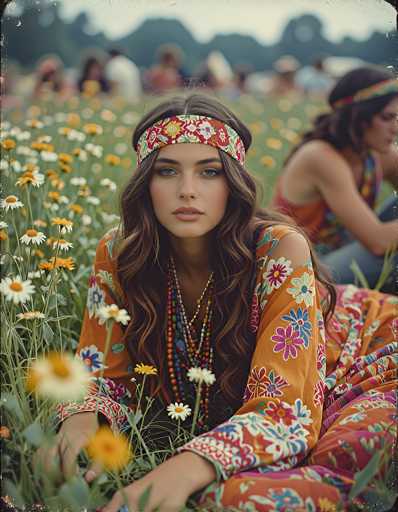 A woman with long, wavy brown hair and a serene expression is lying in a field of daisies. She's wearing a vibrant orange and floral patterned tunic, a colorful beaded necklace, and a patterned headband. The background is softly blurred, suggesting a shallow depth of field, with other people also in the field visible in the distance. The overall lighting is soft and natural, creating a dreamy, vintage-inspired aesthetic.