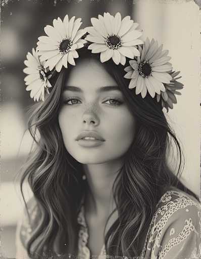 This black-and-white photograph captures a young woman, likely in her late teens or early twenties, with a serene and contemplative expression. She has long, wavy hair that cascades down to her chest, adorned with a crown of white daisies, each with a dark center. Her face is marked by a sprinkling of freckles across her nose and cheeks, and her full lips are slightly parted, revealing her top two teeth. She gazes directly at the camera with light-colored eyes, framed by dark eyebrows and long eyelashes. She is dressed in a light-colored, lacy blouse with a V-neck, which adds a delicate touch to her overall appearance. The background is blurred, emphasizing her as the focal point of the image. The photograph has a vintage feel, with a slightly worn and aged look, particularly around the edges, enhancing its timeless quality.