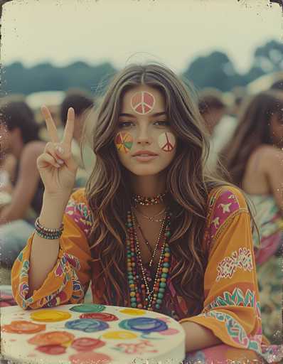 The image captures a young woman, likely in her early 20s, seated at a round table adorned with colorful, flower-like placemats. She is wearing a vibrant orange shirt with pink and blue floral patterns, complemented by multiple beaded necklaces in shades of green, blue, and orange. Her long, wavy brown hair cascades down to her chest, and she has a peace sign painted on her forehead and cheeks, along with a circular design featuring red, yellow, and green colors on her right cheek. She is making a peace sign with her right hand, which is adorned with bracelets. The background is blurred, suggesting a lively outdoor gathering, possibly a festival or concert, with people seated around her. The overall scene is bright and clear, with natural lighting enhancing the vivid colors of her attire and the festive atmosphere.