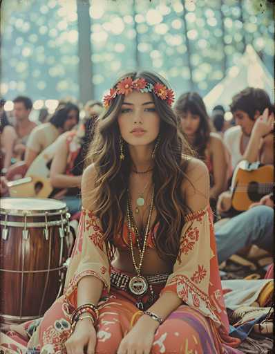 In this vibrant, vintage-style photograph, a young woman sits at the center of a lively outdoor festival, possibly a music event. She has long, wavy brown hair adorned with a crown of orange and yellow flowers, and her makeup is striking with bold red lipstick. She wears a cream-colored, floral-patterned dress with three-quarter sleeves that reveal her shoulders and upper arms, and a matching skirt. Her outfit is accessorized with multiple necklaces, including a prominent one with a large circular pendant, and bracelets on both wrists. She gazes directly at the camera with a serene expression.

To her left, a large brown drum with a white top and silver trim sits on the ground, while to her right, a man in blue jeans and a white tank top plays a guitar. The background is filled with a blurred crowd of people, some playing instruments, and a white tent can be seen in the distance. The scene is bathed in sunlight, adding to the festive and colorful atmosphere.