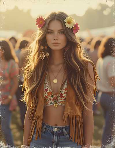 The image captures a young woman, likely in her early 20s, standing at the center of a bustling crowd, possibly at a music festival. She has long, wavy brown hair adorned with a variety of colorful flowers, including pink, yellow, and white blooms, as well as some daisies. Her hair cascades down to her waist, framing her face and partially covering her shoulders. She wears a white bikini top decorated with red and green floral patterns, paired with a brown suede vest that features long fringes. Around her neck, she sports three gold necklaces, each with a distinct pendant: a circular one, a flower-shaped one, and a green stone one. Her outfit is completed with blue jeans, visible from her waist to her upper thighs. The background is filled with blurred figures of people, suggesting a lively and crowded environment. The image has a vintage, slightly worn look, with white specks and scratches around the edges, adding to its nostalgic feel.