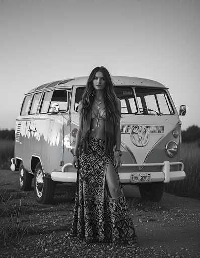 In this striking black-and-white photograph, a young woman with long, wavy hair cascading past her chest stands confidently in front of a vintage Volkswagen bus. The bus, reminiscent of the iconic 1960s style, features a distinctive V-shaped front and a white bumper. The woman is dressed in a bikini top paired with a long, patterned skirt that reaches her ankles, adorned with diamond shapes and lines. She accessorizes with a long necklace that extends down to her belly button and bracelets on both wrists. Her sandals reveal her toes, adding to her relaxed yet poised demeanor. The background showcases a gravel road with patches of grass, leading to a distant tree line under a gray sky, enhancing the nostalgic and timeless feel of the image.