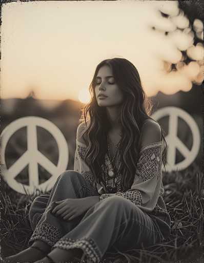 In this evocative black-and-white photograph, a young woman sits cross-legged in a grassy field, her long, wavy hair cascading down to her chest. The image is tinted with a subtle yellow hue, adding a nostalgic touch to the scene. The woman's eyes are closed, and her head is tilted slightly to the left, giving her a serene and contemplative expression. She wears a long-sleeved shirt with intricate patterns on the sleeves and a pair of jeans, with her hands resting gently on her lap. Behind her, two peace signs stand tall, framing the composition and adding a symbolic layer to the image. The background is softly blurred, with the sun setting on the horizon, casting a gentle glow over the landscape. The overall effect is one of tranquility and reflection, capturing a moment of quiet beauty in a world that seems to have faded to grayscale.