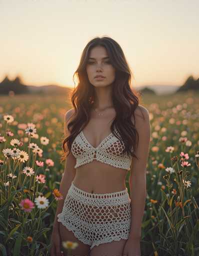 A woman is standing in a field filled with flowers and daisies during sunset. She is wearing a white top and shorts that have a lace-like pattern on the sides. The sky behind her is painted in shades of orange and yellow, indicating the setting sun.
