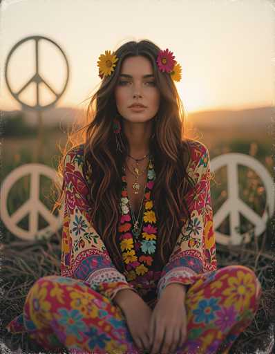 A woman with long brown hair is seated on a grassy field at sunset, wearing a colorful outfit and flower crowns. The setting sun casts a warm glow over the scene, creating a serene atmosphere.