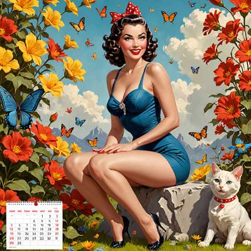 This image is a detailed, vintage-style calendar illustration featuring a woman reminiscent of the 1950s. She has short, curly brown hair adorned with a red and white polka dot bow and is wearing a blue one-piece dress with thin straps and a silver clasp at the center. Her red lipstick and painted nails add to her classic look. The woman is seated on a gray rock, her legs crossed, and she is smiling with her head turned to the right. She is wearing black high heels. 

To her right sits a white cat with green eyes, a red collar, and a red tag, looking directly at the viewer. Surrounding the woman are vibrant flowers in shades of red, yellow, and orange, along with butterflies in blue, orange, and black. The background features a blue sky with white clouds and distant mountains. 

In the bottom left corner of the image, there is a calendar with a red page marker, displaying the days of the week and the dates from 1 to 31. The overall scene is colorful and lively, capturing a nostalgic, retro aesthetic.