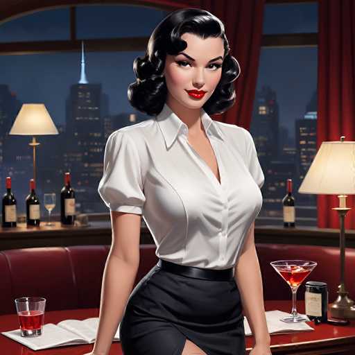The image depicts a stylized, AI-generated scene reminiscent of the 1950s or 1960s. At the center is a woman with black, curly hair styled in a bob, wearing a white button-up shirt with puffy sleeves and a black pencil skirt. She has red lipstick and is looking directly at the viewer. The setting appears to be a bar or restaurant, with a red booth and a table in front of her. On the table, there is a red drink in a glass, a martini glass with a red liquid, and an open book. The background features a cityscape with tall buildings, some windows lit up, and a red curtain. There are also wine bottles and a glass on a shelf, adding to the ambiance of the scene. The overall aesthetic is cartoonish and slightly exaggerated, with a focus on the woman's figure and the vibrant red accents throughout the image.