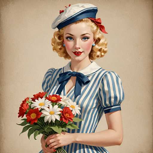 This image features a beautifully detailed, vintage-style illustration of a young woman, likely from the 1920s or 1930s. She has short, curly blonde hair adorned with a white beret that has a blue stripe and a red ribbon. Her blue eyes are accentuated with blue eyeshadow, and she wears bright red lipstick that complements her rosy cheeks. Small blue earrings add a touch of elegance to her look.

The woman is dressed in a charming blue and white striped dress with puffy sleeves that are trimmed in blue. A blue bow tie adorns her collar, adding a playful touch to her outfit. In her hands, she holds a vibrant bouquet of red and white daisies, each with yellow centers, and lush green leaves.

The background of the image is a light brown, almost tan color, which enhances the vintage feel of the illustration. The overall composition and style suggest that this could be a cover for a magazine or a book, capturing the essence of a bygone era.