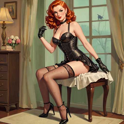 A woman with red hair and a black dress is seated on a wooden chair in front of a window. She is wearing high heels and has her left hand resting on the armrests of the chair. The room features a desk with a lamp and a vase filled with flowers, as well as a painting hanging on the wall above the desk.