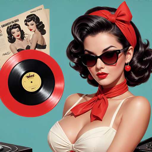 The image is a detailed, computer-generated depiction of a glamorous woman, reminiscent of the 1950s or 1960s. She has dark brown, curly hair styled in a beehive and is adorned with a red headband featuring a large bow. Her face is accentuated with red lipstick, and she wears dark sunglasses and red earrings shaped like cherries. She is dressed in a white bikini top with thin straps, and a red scarf is tied around her neck. The background is a light blue or teal color, and the scene includes a red vinyl record with a yellow label to her left, and a black record player partially visible in the bottom left corner. Additionally, there are two magazines in the top left corner, each featuring images of the same woman in black bikini tops. The overall composition suggests a retro, vintage aesthetic.