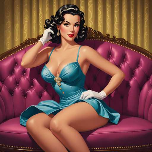 A woman is seated on a pink couch with her legs crossed and wearing a blue dress adorned with a gold brooch. She has dark hair styled in loose curls and is wearing white gloves. The background features a yellow curtain that complements the color of the couch.