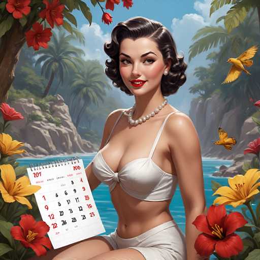 This image features a detailed, computer-generated illustration of a woman with a 1950s pinup style. She has short, dark brown hair styled in a bob and is adorned with red lipstick, rosy cheeks, and pearl earrings. She wears a white bikini top and matching shorts, complemented by a pearl necklace. The woman is seated on a chair, holding a calendar in her right hand, which displays the year 2076. The background showcases a tropical setting with palm trees, a body of water, and a blue sky dotted with clouds. Surrounding her are vibrant red and yellow flowers, and two yellow butterflies can be seen fluttering nearby. The overall scene is bright and colorful, with the woman looking directly at the viewer.