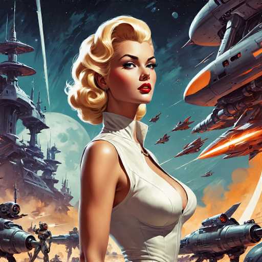The image is a detailed, computer-generated sci-fi poster featuring a striking, curvaceous woman with blonde hair styled in a 1950s fashion. She has blue eyes, red lipstick, and is adorned with a small earring. Her attire is a form-fitting, sleeveless white dress with a high collar that extends up to her neck, emphasizing her cleavage. The woman stands at the center of the image, gazing directly at the viewer.

The background is a dark, starry sky with a large moon positioned to the left. Surrounding her are various futuristic elements, including spaceships and robots. On the right side of the image, a large spaceship with orange flames shooting from its engines is prominently displayed. Below it, smaller spaceships and a robot are visible. To the left, a tall, futuristic building with circular platforms and a large antenna rises into the sky. Additional robots and spaceships are scattered throughout the scene, enhancing the sci-fi atmosphere. The overall composition suggests a blend of retro and futuristic aesthetics, creating a visually captivating and imaginative poster.