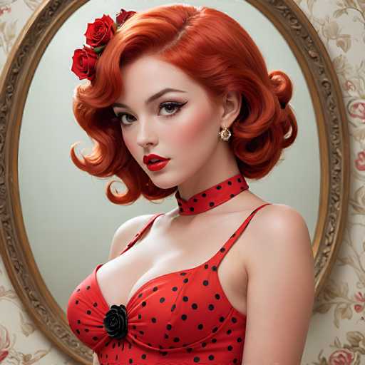 This image features a strikingly realistic, AI-generated depiction of a woman with vibrant red hair styled in a 1950s fashion. She is adorned with two red roses on the left side of her head, adding a touch of vintage elegance. Her makeup is meticulously applied, with bold red lipstick and dramatic black eyeliner that accentuates her large, expressive brown eyes. She wears a single earring on her left ear, which is visible in the image.

Her attire is equally captivating, consisting of a red dress or top with black polka dots. The garment is designed with thin straps and features a prominent black rose at the center of her chest, drawing attention to her ample cleavage. Around her neck, she wears a matching red choker with black polka dots, completing her retro-inspired look.

The background of the image includes a large, ornate mirror with a gold frame, which reflects her image, enhancing the sense of depth and realism. The mirror is set against a wall decorated with floral wallpaper, adding to the vintage ambiance of the scene. The overall composition and attention to detail make this image a remarkable example of AI-generated artistry.