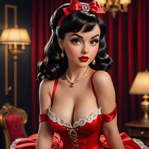 A digital painting of a glamorous woman in a red vintage dress, reminiscent of the 1950s. She has dark, voluminous hair styled in a classic updo with a red bow adorned with a sparkling jewel. Her makeup is bold, featuring dramatic red lipstick and defined eyeliner. She wears a pearl necklace and elegant earrings. The woman is seated in a luxurious setting with red velvet curtains and ornate gold lamp details, creating a vintage, glamorous atmosphere. The lighting is soft and dramatic, highlighting her features and the details of her dress.