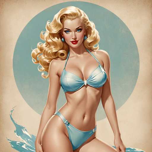 This image features a striking, AI-generated depiction of a blonde woman in a light blue bikini. The background is a soft beige, with a large, light blue circle behind her head, adding a dreamy quality to the scene. The woman's long, curly blonde hair cascades down, framing her face. She has bright blue eyes, red lips, and is adorned with blue earrings. Her bikini is light blue, with a distinctive white clasp at the center of the top. The bottom of the bikini has a silver buckle on the left side. Her arms rest naturally at her sides, and her legs are positioned to the right, though the image cuts off just below her thighs. In the bottom left corner, there's a splash of water, adding a dynamic element to the composition. The overall image has a slightly grainy texture, enhancing its vintage aesthetic.