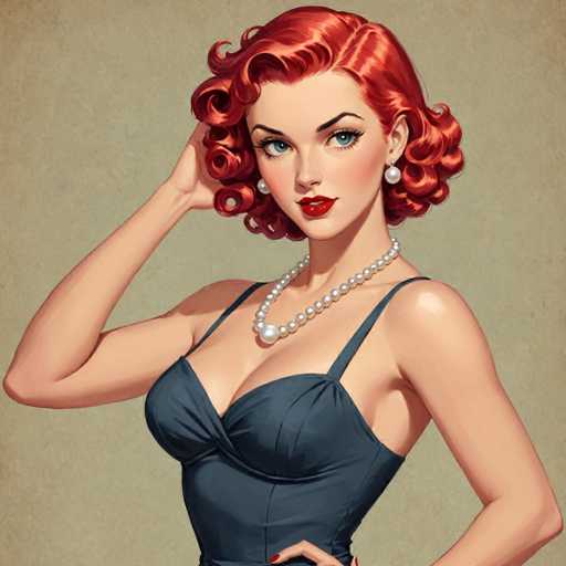 The image depicts a striking, computer-generated woman with vibrant red hair styled in soft curls that frame her face. She has a fair complexion, accentuated by bold red lipstick and blue eyes. Her attire includes a dark blue or black halter top with thin straps, which reveals a hint of cleavage. Around her neck, she wears a double strand of white pearls, and she has matching pearl earrings. Her right hand is raised to her head, while her left hand rests on her hip, showcasing red nail polish. The background is a light brown or tan color, providing a neutral backdrop that highlights her features. The overall style of the image is reminiscent of a comic book or animated character, with a focus on her expressive eyes and defined facial features.