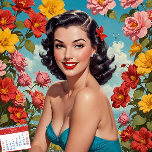 This image is a detailed, vintage-style calendar illustration featuring a glamorous woman reminiscent of the 1950s or 1960s. The woman, with her dark, curly hair styled in a classic 1950s fashion, is adorned with a red flower on the left side of her head. She has striking green eyes, red lipstick, and a bright smile that reveals her white teeth. She is wearing a blue, one-shoulder dress that leaves her right shoulder bare, and her right arm is visible while her left arm is out of the frame. The background is a vibrant blue sky with white clouds, and a lush array of colorful flowers—red, yellow, pink, and orange—flanking both sides of her. In the bottom left corner, there is a red calendar with white text, displaying the month of July. The overall scene exudes a nostalgic, mid-century charm.