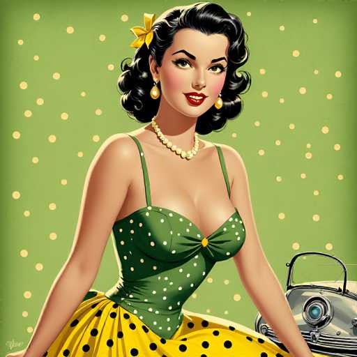 This image features a striking, retro-style illustration of a woman, reminiscent of the 1950s or 1960s. She has long, black hair adorned with a yellow ribbon and wears elegant gold earrings. Her makeup is meticulously applied, with red lipstick and black eyeliner accentuating her eyes. Around her neck, she sports a classic pearl necklace.

The woman is dressed in a green top with thin straps, decorated with white polka dots. The top has a yellow button at the center, and the fabric is form-fitting, highlighting her figure. She pairs this with a yellow skirt featuring black polka dots, completing the vintage look.

In the background, there is a green wall with yellow polka dots that match her skirt, creating a cohesive and vibrant scene. To the right of the woman, a silver car is visible, adding a touch of nostalgia to the overall composition.