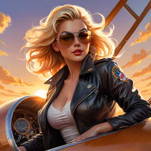 The image depicts a highly detailed, computer-generated scene of a blonde woman with wavy hair, wearing large, brown sunglasses and a black leather jacket adorned with a patch on the left shoulder. She is seated in the cockpit of a vintage airplane, which has a brownish-orange exterior and a silver interior. The woman is dressed in a white tank top that reveals some cleavage, and her red lipstick stands out against her fair skin. Her left hand rests on the edge of the cockpit, and she gazes directly at the viewer. The background features a sunset sky with a gradient of blue and orange hues, dotted with clouds, and the sun is positioned just behind her left shoulder. The overall composition suggests a dramatic, possibly movie-like scene, with the woman appearing to be in her 20s or 30s.