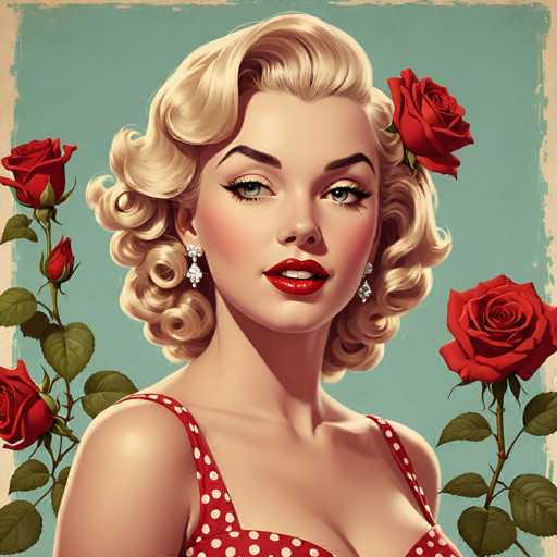This image features a strikingly realistic painting of a woman who bears a strong resemblance to Marilyn Monroe. The woman has short, curly blonde hair and is adorned with diamond earrings. She is dressed in a red dress with white polka dots, which complements her fair complexion and bright red lipstick. Her eyes are a captivating blue, and she gazes directly at the viewer with a confident expression. The background is a light blue, and the painting is framed by a beige border. Surrounding the woman are several red roses, adding a touch of elegance and romance to the composition. The overall effect is a captivating and detailed portrayal that draws the viewer into the scene.