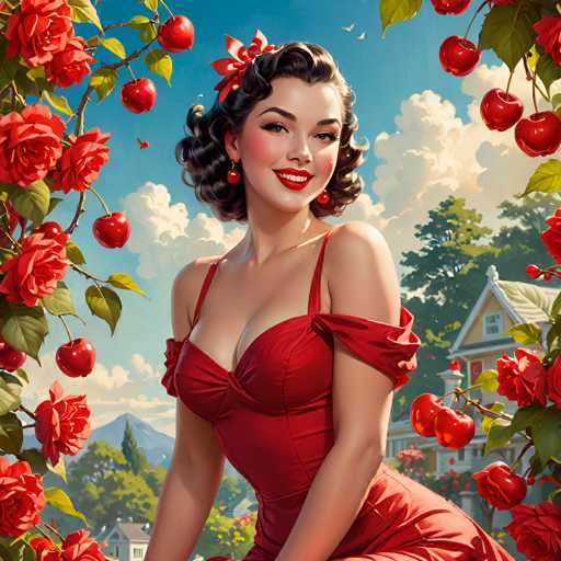 This image is a detailed, computer-generated illustration of a young woman in her 20s, reminiscent of the 1940s or 1950s style. She has short, curly brown hair adorned with a red ribbon and is wearing a low-cut, red dress with thin straps, one of which has slipped off her shoulder. Her makeup includes red lipstick, and she is smiling with her head slightly tilted to the right. The background features a blue sky with white clouds, a mountain, and a house with a gray roof and yellow walls. Surrounding her are lush green trees and bushes, adorned with red roses and cherries, adding to the vibrant and colorful atmosphere of the scene.