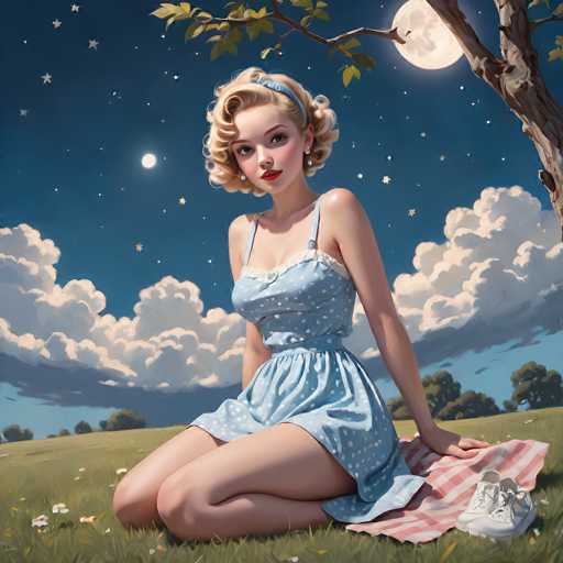 In this captivating illustration, a young woman with short, curly blonde hair adorned with a blue headband sits gracefully on a red and white striped blanket. She is dressed in a charming blue dress decorated with white polka dots, which features thin straps and a low neckline. Her legs are elegantly crossed as she gazes directly at the viewer, exuding a serene and inviting aura. The scene is set under a night sky, where a large, luminous moon hangs prominently in the center, surrounded by twinkling stars. To the left of the moon, a smaller, glowing celestial body adds an extra touch of magic to the night. The background is filled with fluffy white clouds, while the horizon is lined with trees, creating a picturesque setting. The woman's white shoes rest neatly beside her on the blanket, completing this enchanting and tranquil tableau.