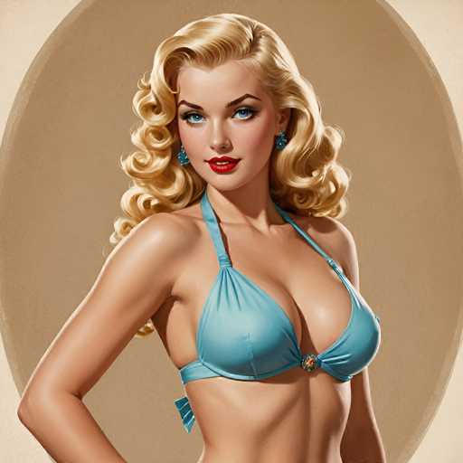 A vintage-style illustration of a blonde woman in a light blue halter bikini top and matching bikini bottoms, with a retro aesthetic. She has bright blue eyes, red lipstick, and is wearing large teal earrings. Her blonde hair is styled in voluminous curls. She's looking over her shoulder with a confident, slightly playful expression. The background is a soft beige oval shape.
