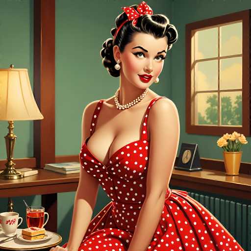 This image is a detailed, computer-generated illustration of a 1950s-style woman seated in a cozy room. The woman, with her black hair styled in a classic 1950s fashion, is adorned with a red headband featuring a bow with white polka dots. She wears a red dress with white polka dots, a low-cut neckline, and thin straps, complemented by a pearl necklace and large pearl earrings. Her makeup includes red lipstick, and she gazes directly at the viewer with a subtle smile.

The room around her is painted in a light green hue with brown wooden trim. To her right, there is a window with a brown frame, through which a cloudy sky and trees are visible. Below the window, a shelf holds a potted plant with yellow flowers, a black clock, and a few books. To her left, a brown desk features a lamp with a white shade, a book, and a plate with a glass of tea, a piece of toast, and a spoon. The overall scene evokes a nostalgic, mid-20th-century atmosphere.