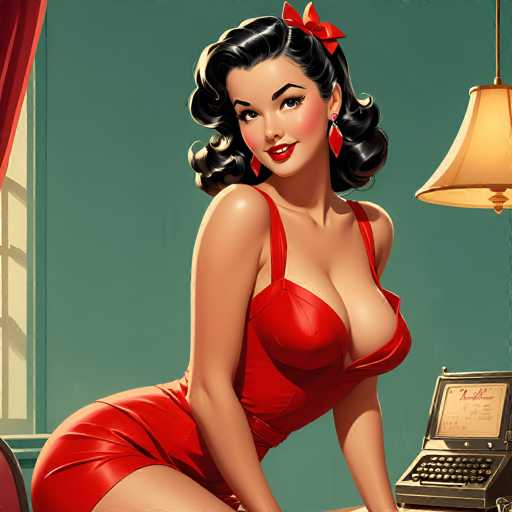 A vintage-style illustration of a woman in a red dress, seated at an old typewriter. She has dark, curly hair styled with a red bow and is wearing red earrings. The background is a teal wall with a window showing a red curtain on the left and a lamp on the right. The overall style is reminiscent of mid-20th century art, with a focus on soft lighting and detailed textures.