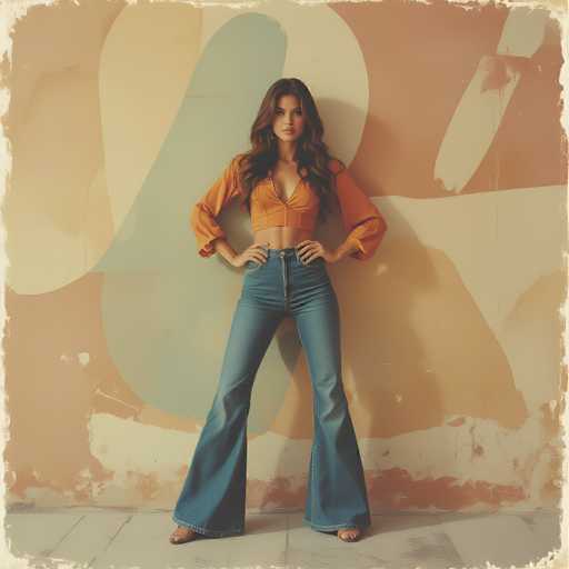 A young woman stands confidently in front of a vibrant, abstract wall adorned with shades of orange, green, and white. She is dressed in an orange crop top that reveals her midriff and blue jeans with a distinctive button at the waist. Her long, dark brown hair cascades down to her chest, framing her face. She wears a necklace that adds a touch of elegance to her casual yet stylish outfit. Her hands rest on her hips, and her legs are slightly apart, exuding a relaxed yet poised demeanor. The floor beneath her is a light gray, providing a neutral base that contrasts with the colorful wall behind her.