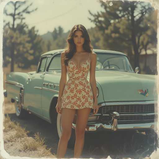 A young woman with long, dark brown hair cascading past her shoulders stands confidently in front of a vintage light blue car, likely from the 1950s. She is dressed in a short, white dress adorned with vibrant orange and red floral patterns, which accentuates her slender figure. The dress features a deep V-neckline that plunges down to her waist, and a single strap over her right shoulder, leaving her left shoulder bare. Her arms hang naturally by her sides, and she gazes directly at the camera with a composed expression. The car behind her, with its chrome bumper and distinctive emblem on the front, adds a nostalgic touch to the scene. The background is slightly blurred, revealing a mix of trees and a dirt road, enhancing the vintage feel of the photograph.