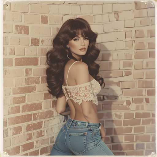 A woman with long brown hair is standing against a brick wall and wearing a white lace bra top and blue jeans.