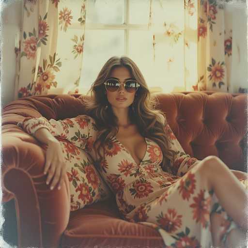 A woman is seated on a plush, red velvet couch, exuding a sense of elegance and relaxation. She is wearing a white dress adorned with vibrant red flowers and lush green leaves. Her long, wavy brown hair cascades down, complementing her stylish sunglasses with gold rims. The woman's right arm is draped casually over the armrest of the couch, while her left arm rests on the couch's surface. Her legs are crossed, with her right leg positioned over her left. Behind her, a window framed by white curtains with red floral patterns allows natural light to filter into the room, enhancing the cozy ambiance. The scene captures a moment of serene beauty and comfort.