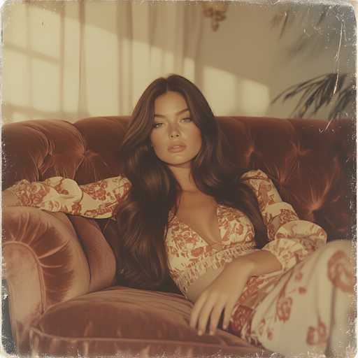 A young woman with long, dark brown hair cascading past her chest is seated on a plush, red velvet couch. She is wearing a cream-colored dress adorned with red floral patterns, featuring a plunging neckline and puffy sleeves. Her right arm is draped over the back of the couch, while her left arm rests on her lap. She gazes directly at the camera with a neutral expression, her lips slightly parted. The background reveals a white wall with a window on the left side, through which sunlight streams, casting a warm glow on the scene. A white curtain partially covers the window, and a plant with long, thin leaves is visible in the upper right corner. The image has a vintage feel, with a slightly faded and wrinkled appearance, particularly around the edges.
