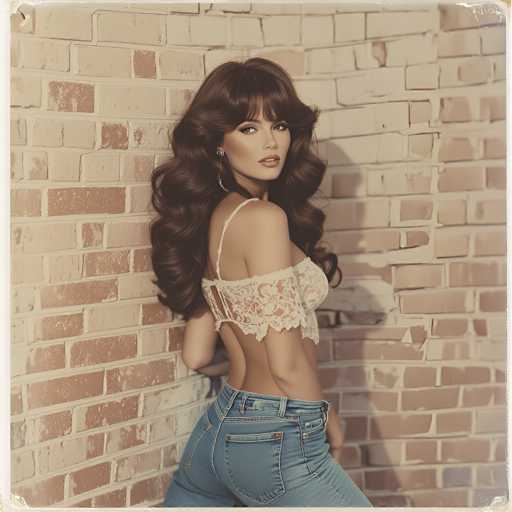 A vintage-style photograph captures a young woman, likely in her early 20s, standing against a distressed brick wall. The image, which has a sepia tone, features the woman with long, dark brown hair styled in soft curls that frame her face and cascade down her back. She is wearing a white lace top that sits off her shoulders, revealing her midriff, and blue jeans. Her makeup is subtle, with a touch of lipstick and eye shadow, and she sports large hoop earrings. The woman's body is angled to the right, but her head is turned towards the camera, giving a partial side profile view. Her expression is neutral, and she gazes directly at the lens. The brick wall behind her is a mix of white and brown hues, adding to the vintage aesthetic of the photograph.