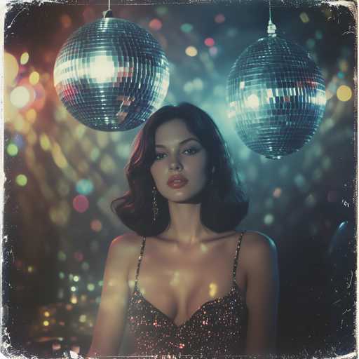 A woman with long dark hair is standing in front of two large disco balls that are emitting a bright blue light and casting a colorful glow around the room. The woman is wearing a black dress adorned with gold sequins.