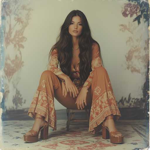 A young woman with long, dark brown hair sits gracefully on a small stool. She is dressed in a striking orange dress adorned with intricate gold floral patterns. Her accessories include a delicate gold necklace, a bracelet on her right wrist, and another bracelet on her left wrist. She wears brown platform sandals that add a touch of height to her ensemble. The backdrop features a white wall with a subtle floral design, and she is seated on a white rug embellished with red diamond shapes and blue floral motifs. The overall scene exudes a sense of elegance and sophistication.