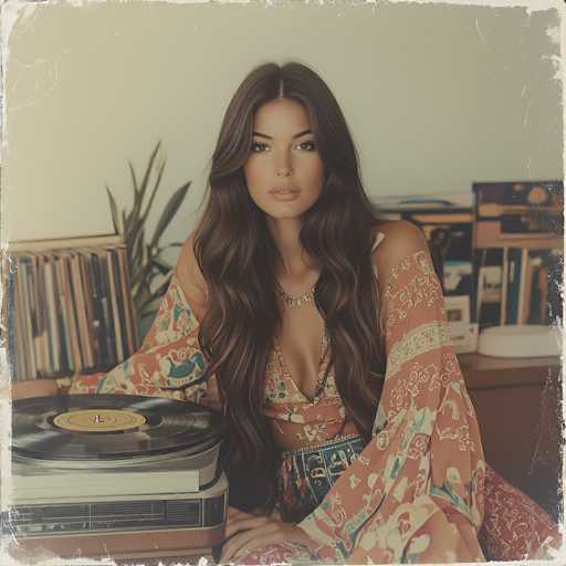 The image depicts a young woman, likely in her late teens or early twenties, with long, wavy brown hair cascading down to her waist. She is seated on a wooden chair, leaning slightly forward with her hands resting on her knees. The woman is wearing a peach-colored dress adorned with intricate white and blue floral patterns, featuring a low-cut neckline that reveals a hint of cleavage. Around her neck, she sports a gold necklace, and she has applied light pink lipstick to her lips. Her expression is neutral, with her gaze directed straight at the camera.

In front of her, on a wooden table, there is a stack of vinyl records, with the top one being black and the others in various colors. Behind her, a brown desk is visible, cluttered with more vinyl records and a stack of books. The background includes a white wall and a green plant, adding a touch of nature to the scene. The overall setting suggests a cozy, lived-in space, possibly a bedroom or a living room.