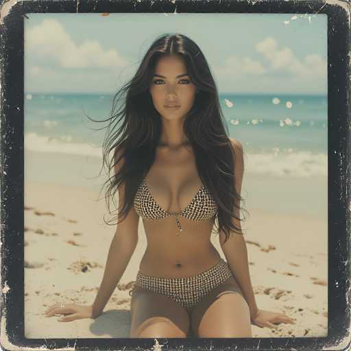 A captivating photograph features a woman seated on a sandy beach, framed by a black border with white specks. The woman, with long, dark hair cascading past her shoulders, gazes directly at the camera. She is dressed in a black and white checkered bikini, her hands resting on the sand beside her. The beach around her is dotted with footprints and small rocks, adding texture to the scene. Behind her, the ocean stretches out, its blue waters reflecting sunlight and creating white glimmers. The sky above is a serene blue, adorned with fluffy white clouds. The image has a slightly faded quality, enhancing its vintage charm.