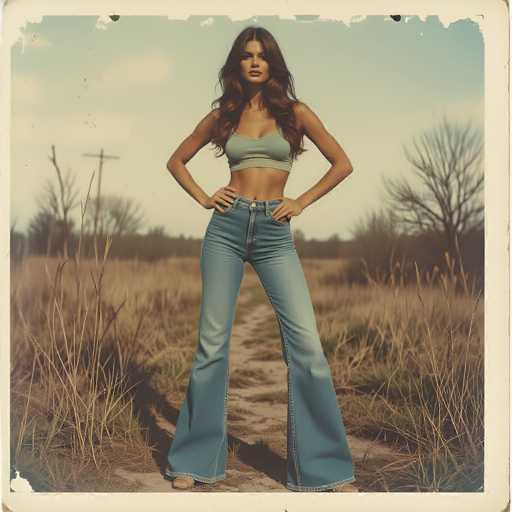 A young woman stands confidently in a picturesque field, framed by a vintage-style white border that evokes the charm of a Polaroid photograph. The border is slightly worn, with small tears at the top and bottom left corners, adding a touch of nostalgia. The woman, who appears to be in her early 20s, has long, wavy brown hair cascading down to her chest. She is dressed in a light green sports bra and blue jeans that flare out at the bottom, reminiscent of bell-bottoms. Her hands rest on her hips, and she gazes directly at the camera with a composed expression. The background features a clear blue sky with a few scattered clouds, a dirt path winding through the field, and a line of trees and bushes in the distance. The overall scene captures a moment of serene beauty and timeless style.