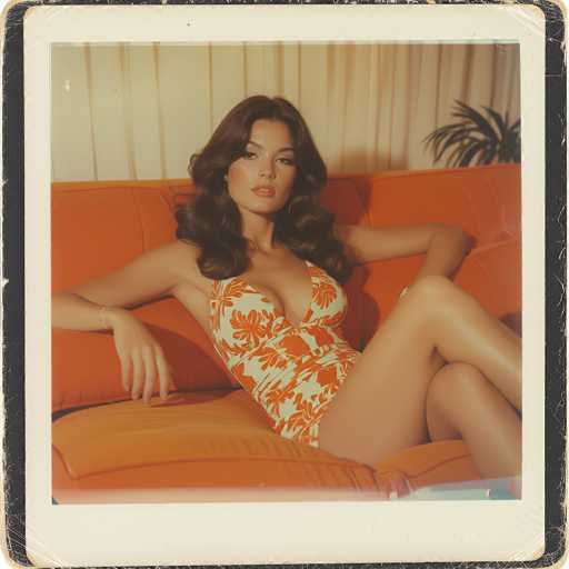 A vibrant Polaroid photograph captures a young woman, likely in her 20s, lounging on an orange couch. She is dressed in a striking white one-piece bathing suit adorned with orange floral patterns. Her long, dark brown hair cascades down to her chest, framing her face as she gazes directly at the camera with a composed expression. Her left arm is draped over the back of the couch, while her right arm rests on the cushion beside her. Her legs are elegantly crossed, with her right leg over her left. The background features a white curtain and a hint of greenery from a plant in the top right corner, adding a touch of natural contrast to the scene. The photograph is bordered by a classic white frame, with a black border surrounding it, enhancing its vintage aesthetic.