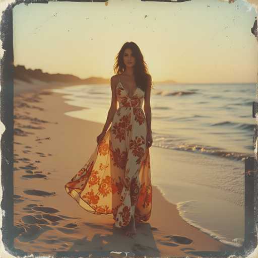 A captivating photograph captures a woman standing gracefully on a serene beach. She is adorned in a striking white dress adorned with vibrant red flowers, which features a daringly low-cut neckline and a daring slit that extends up to her chest. The dress is complemented by a sheer, floral-patterned shawl that she holds delicately in her right hand. Her long, dark hair cascades down her back, framing her face with a soft, ethereal glow. The woman's bare feet are firmly planted on the sandy shore, which is marked by numerous footprints leading towards the left side of the image. The tranquil ocean stretches out behind her, its gentle waves lapping at the shore. In the distance, a faint outline of land can be seen, adding depth to the scene. The sky above is a muted gray, casting a soft light over the entire landscape. The photograph itself is bordered by a black frame, with the edges appearing worn and chipped, giving it a vintage, timeless quality.